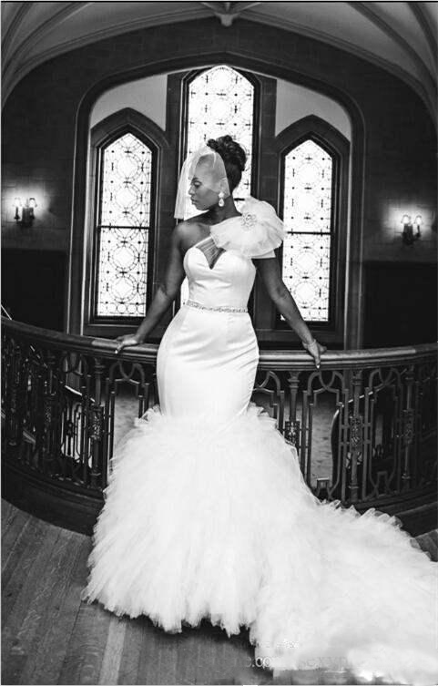 One Sexy Shoulder Plus Size Sheer Neck Tulle Beaded Mermaid Court Train Bridal Gowns African Customized Wedding Dresses