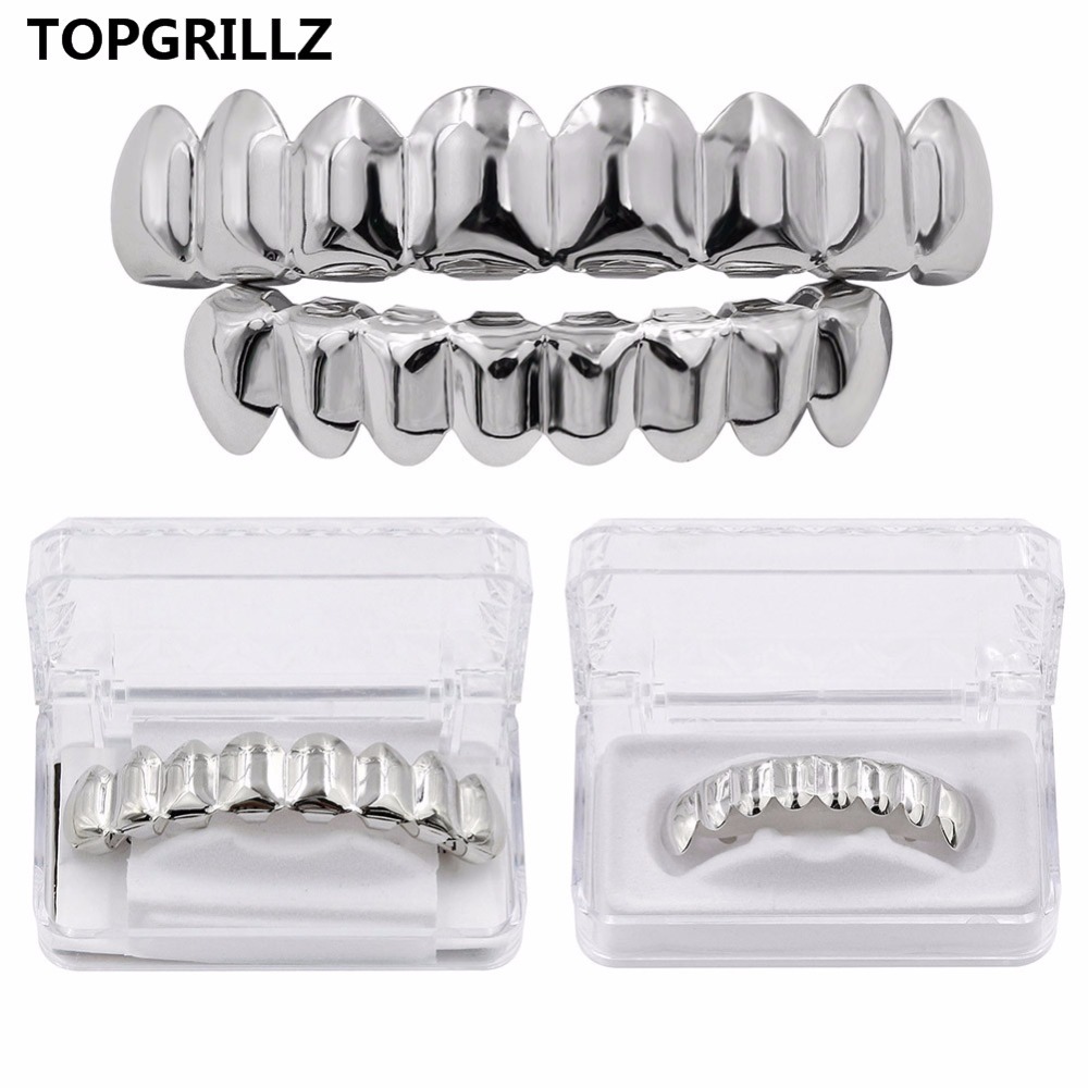 TOPGRILLZ Hip Hop Grills Set Gold Finish Eight 8 Top Teeth 8 Bottom Tooth Plain Clown Halloween Party Jewelry