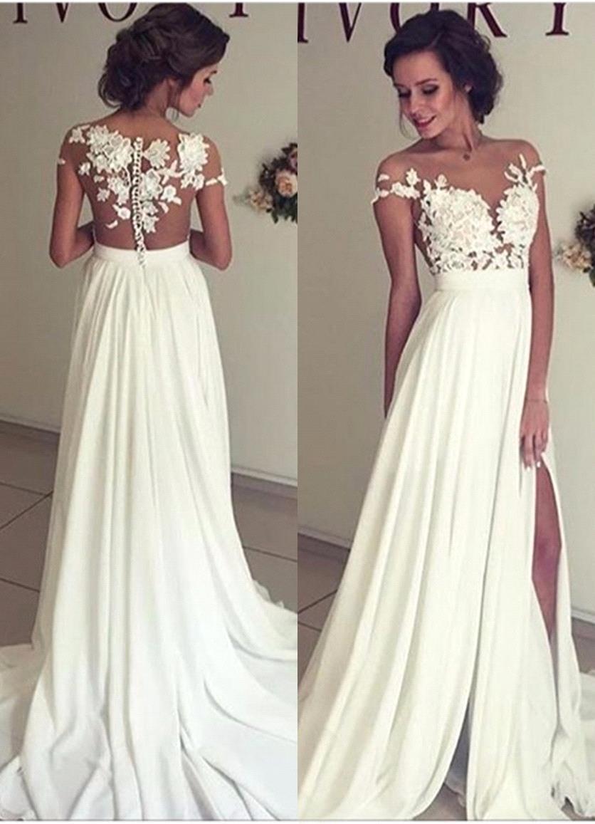 Beach Cheap Sexy Bohemian Dresses Sheer Neck Chiffon High Side Split Boho Bridal Gowns Court Train Wedding Dress Custom
