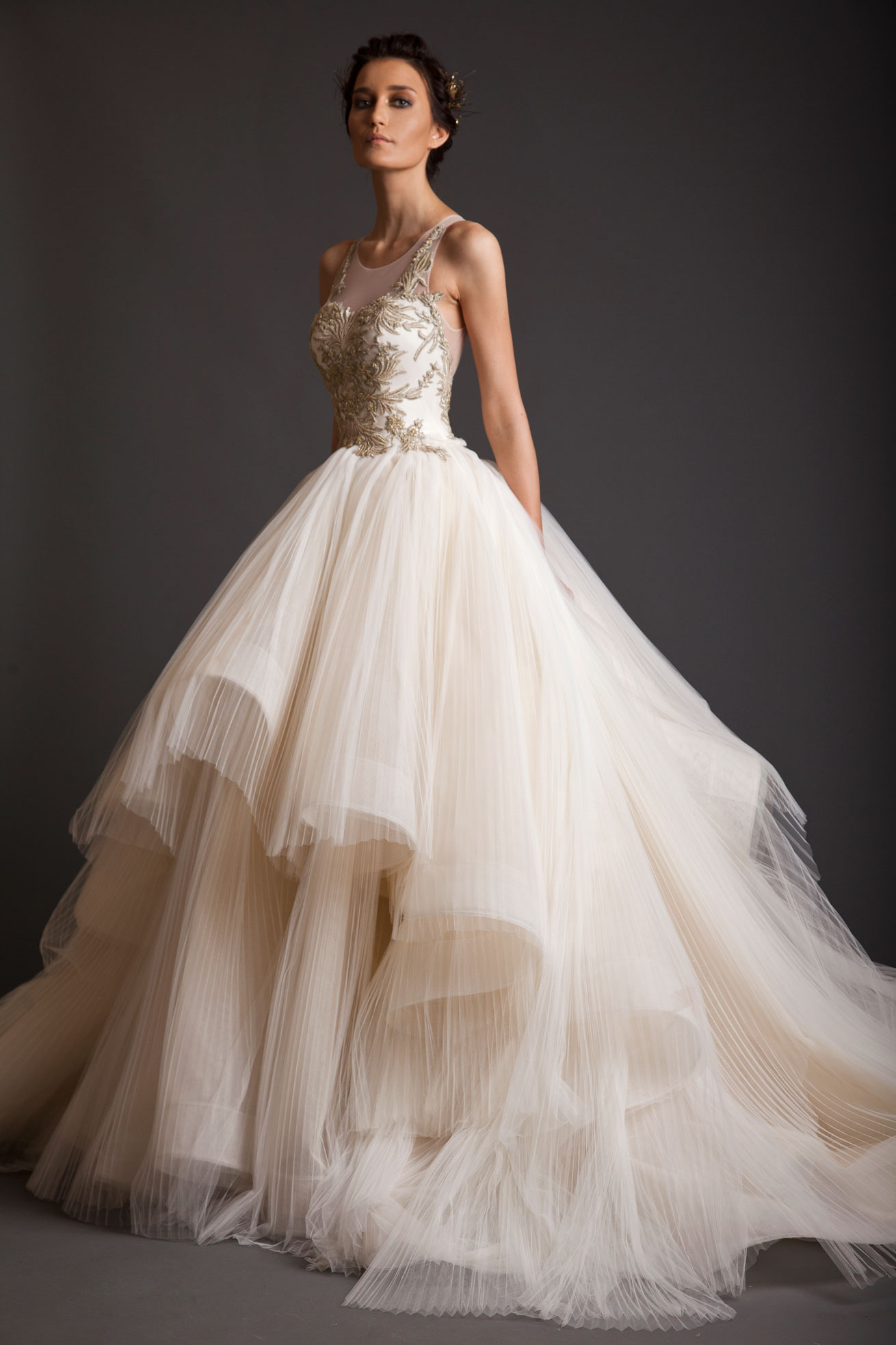 Krikor Jabotian Prom Dresses Ruffle Tiered Jewel Neck High Low Luxury Beaded Tulle Formal Dress Party Sweep Train Plus Size Evening Gowns