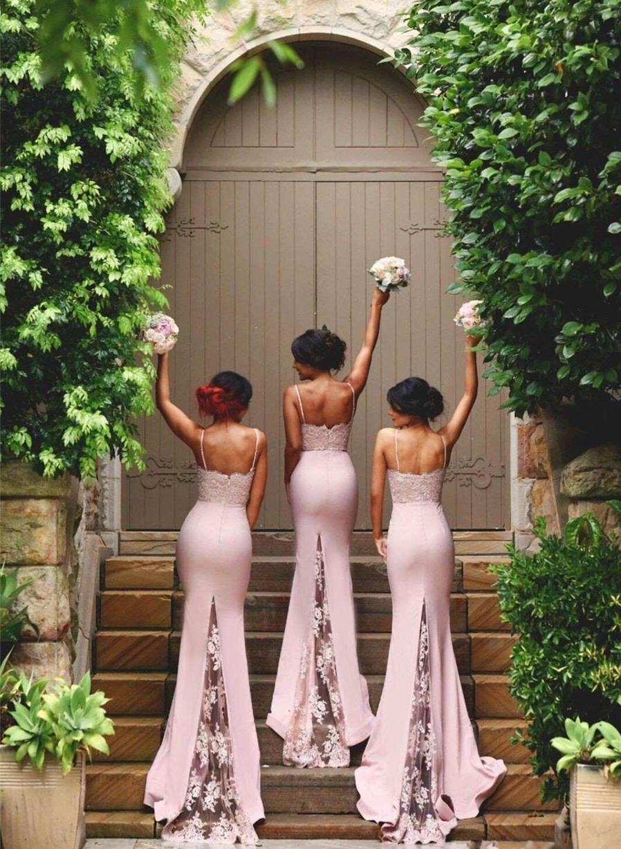 Blush Pink Bridesmaid Dresses Spaghetti Strap Sleeveless Mermaid Lace Junior Country Formal Dresses Long Maid Of Honor Dress HY250