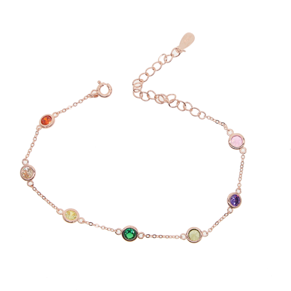 rainbow color cz station bracelet bezel round disk charm colorful summer gift 925 sterling silvelr mimniam chains for girl