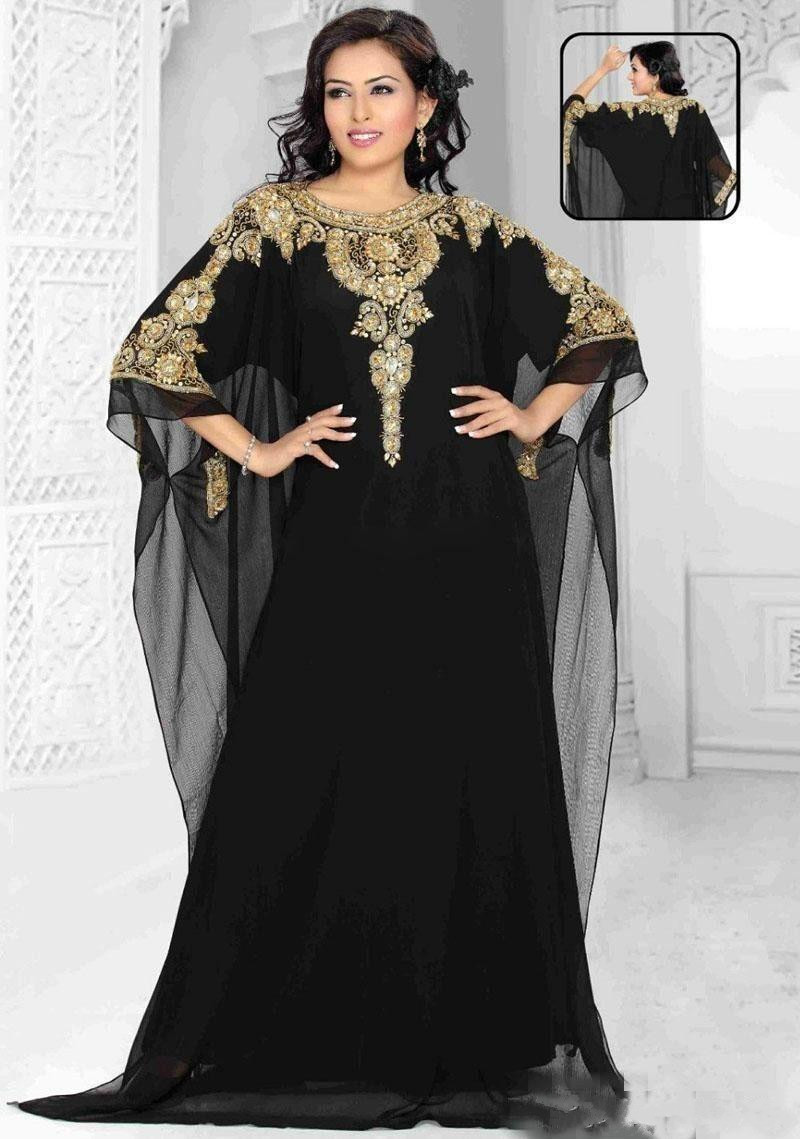 Arabic 2018 Muslim Evening Dresses A Line Gold Black Sequins Beaded Plus Size Formal Prom Party Wear Long Special Occasion Dress