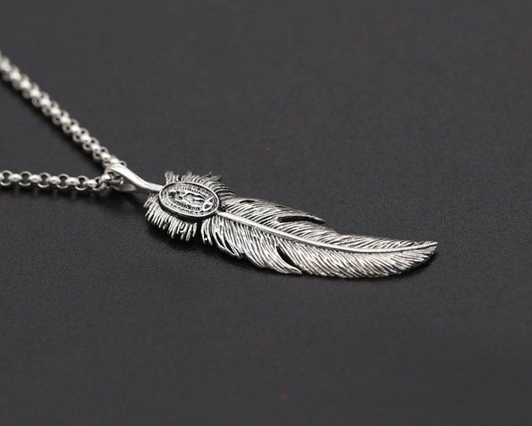 Brand new 925 sterling silver vintage jewelry antique silver Japan unique hand-made designer feather necklace pendants no chain mens