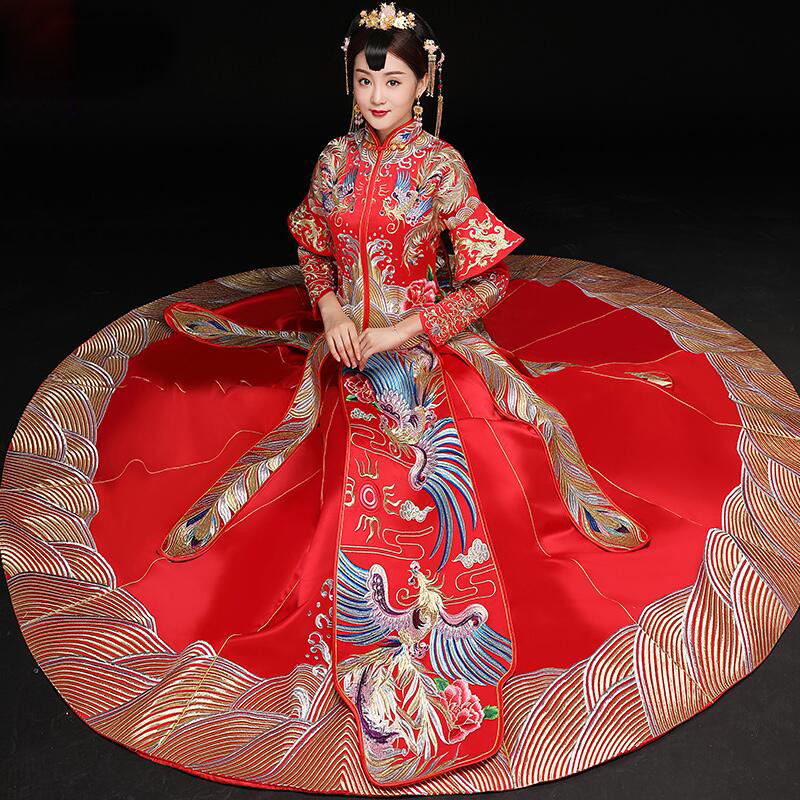 Vintage Red Bride Marry Dress Ancient vestido embroidered phoenix royal costume Traditional Chinese Women Wedding Cheongsam ethnic clothing