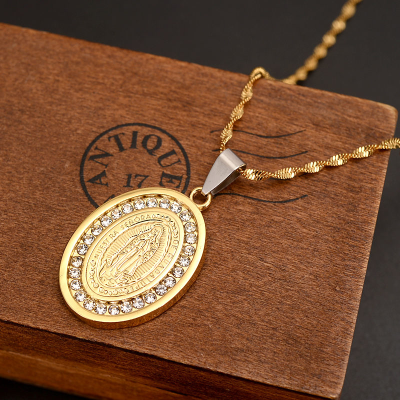 Religious Jewelry Statement Necklace Punk Women Men Accessories 9 k Fine Gold GF Chains Virgin Mary crystal cz Pendant Vintage