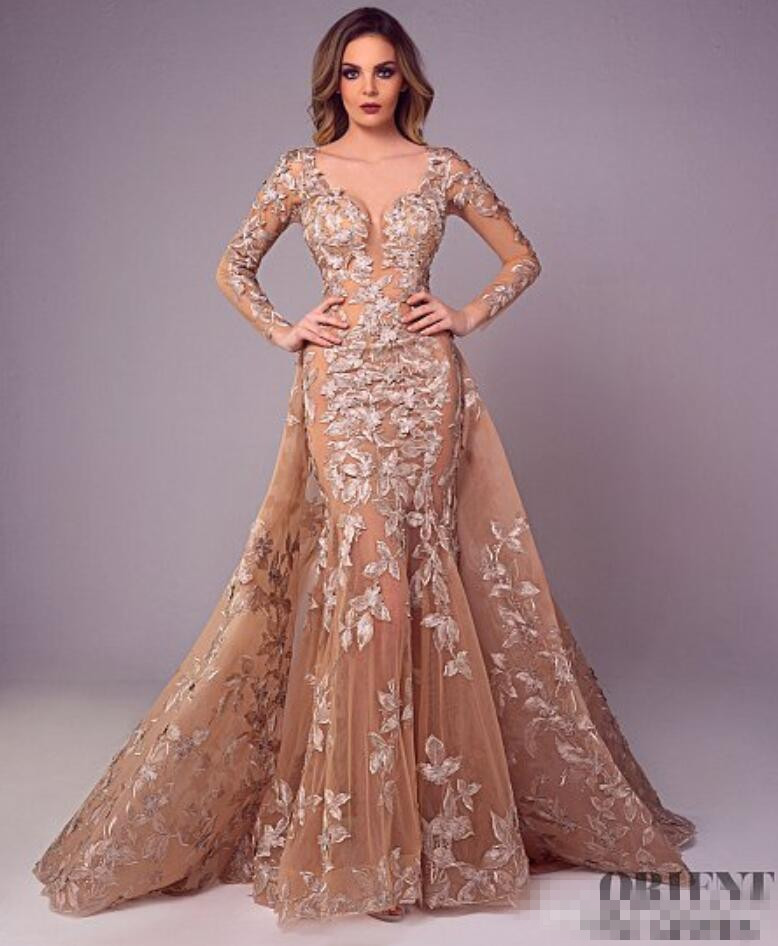 Chaaya Mermaid Tony Evening Dresses With Detachable Overskirt Long Sleeves Prom Gowns Lace Applique Illusion Plus Size Formal Dress 0220