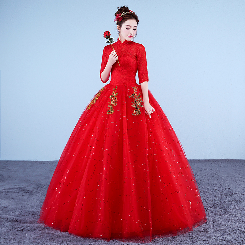 Real Photo Wedding Dresses 2018 High Neck Korean Style Red Romantic Bride Princess Lace with Gold Embroidery Vestido De Novia