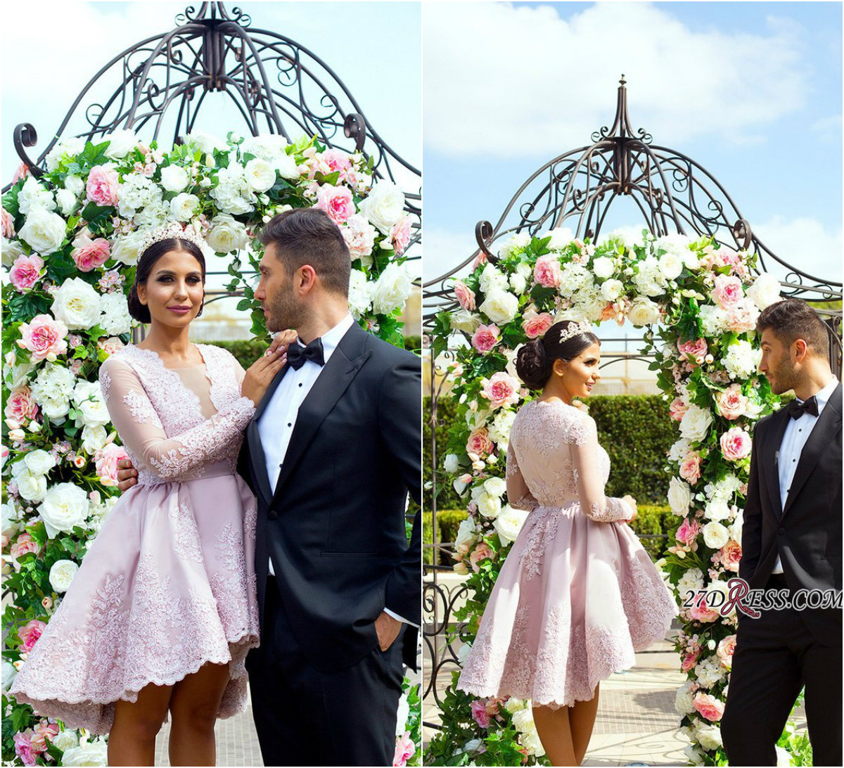 Light Pink Homecoming Dresses V Neck Lace Appliques High Low Long Sleeve Prom Dress Short Gowns Party Wear Abrabic Evening Gowns