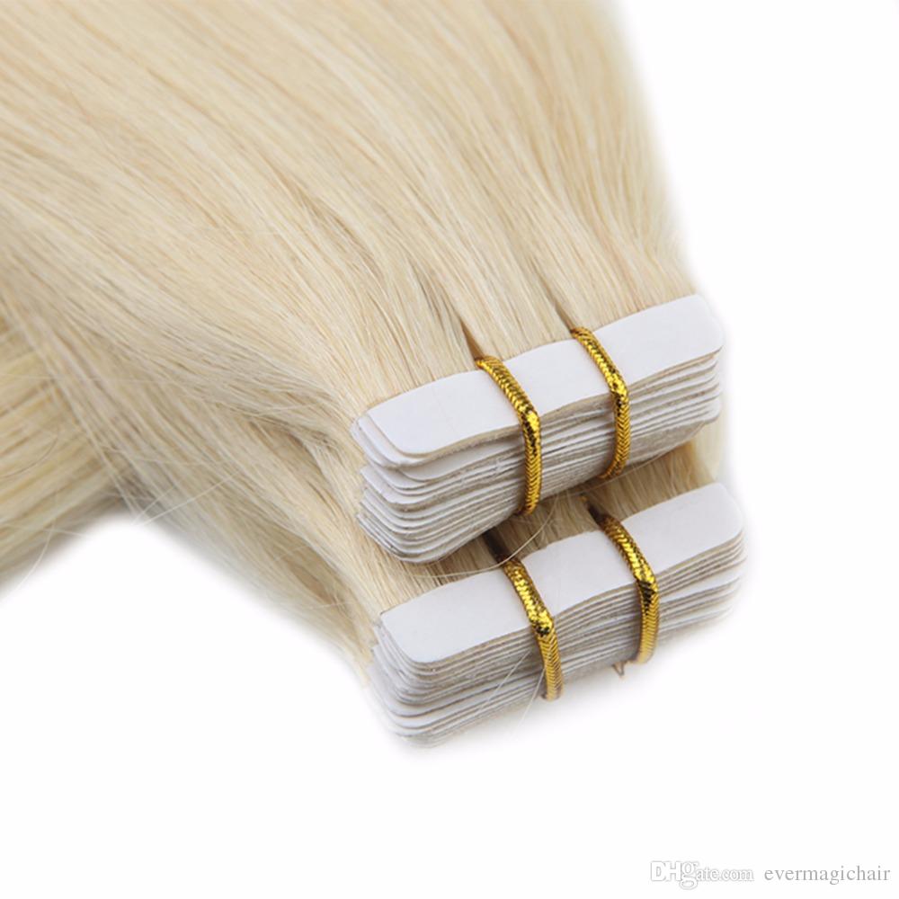 100g 40pcs Silk Straight Tape In Human Hair Extensions 14 16 18 20 22 24 613#Russian Blonde Color