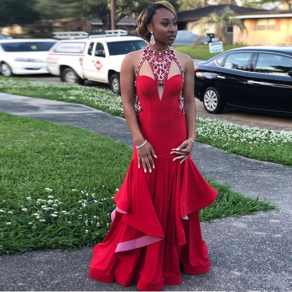 Sexy Red Prom Dresses Saudi African Halter Beads Mermaid Evening Dress Long Custom Made Sexy Back Ruffle Formal Dresses Party Wear