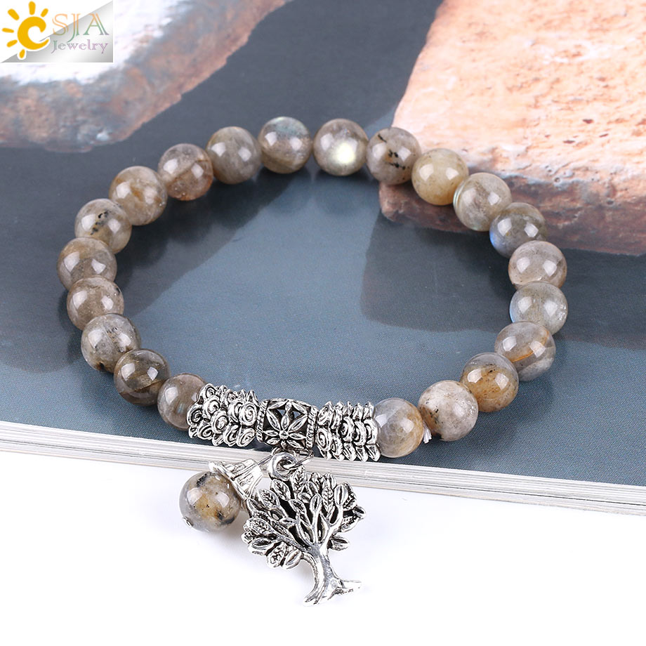 CSJA Natural Labradorite Spectrolite Women Bracelets Bangles Gemstone Mala Beads Tree of Life Charm Reiki Healing Meditation Jewel