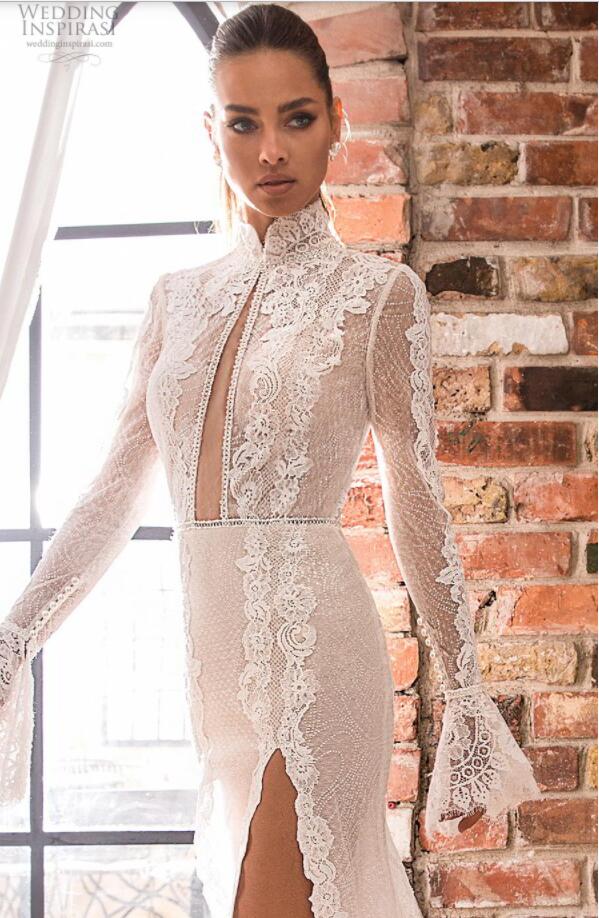Elihav Sasson Mermaid Wedding Dresses Hollow Back Lace Appliques High Neck Illusion Boho Bridal Dress Side Split Plus Size Wedding Gowns