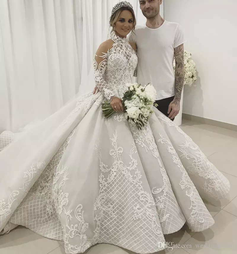 Luxury Lace Ball Gown Wedding Dresses Long Sleeves High Collar Beaded Bridal Gowns Appliqued Cathedral Sequined Crystal Vestidos De Novia