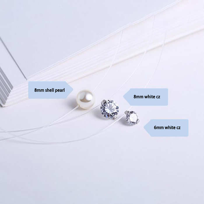 68mm White CZ And Pearl Invisible Clear Rope Necklace 925 Silver Women Jewelry