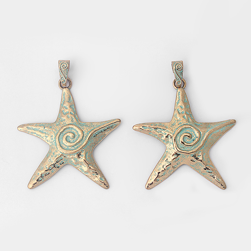 5pcs Large Antique Gold & Verdigris Patina Sprial Starfish Sea Star Pendants for Jewelry Making Findings 73x67mm