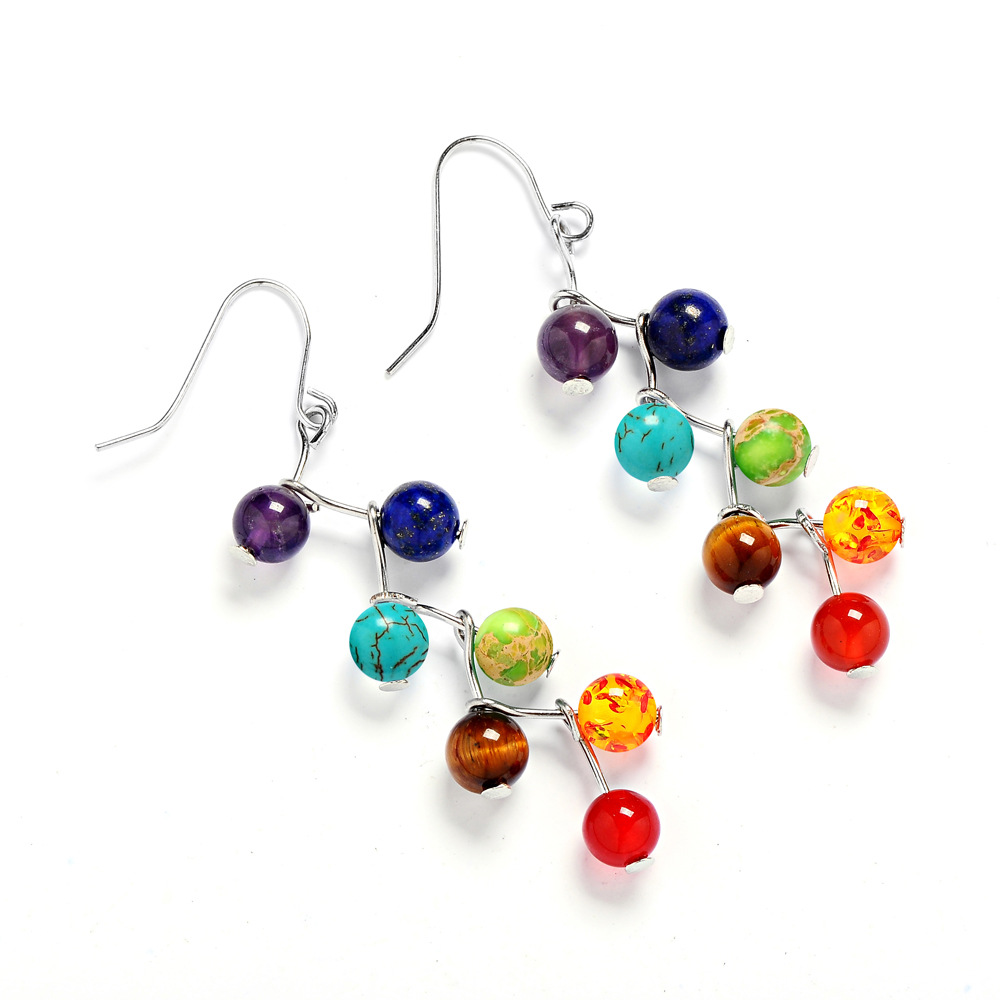 Fashion Healing Chakra 7 Rainbow Round Natural Stone For Women Vintage Yoga Bead Jewelry Long Drop Colorful Dangle Earrings Boho