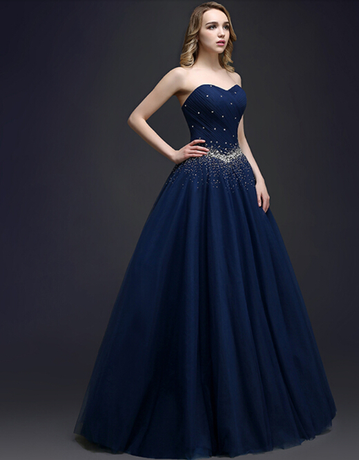 Dark Navy Ball Gown Evening Dresses Prom Dresses Long Sweetheart Bantage Back Prom Gowns Ball Gown
