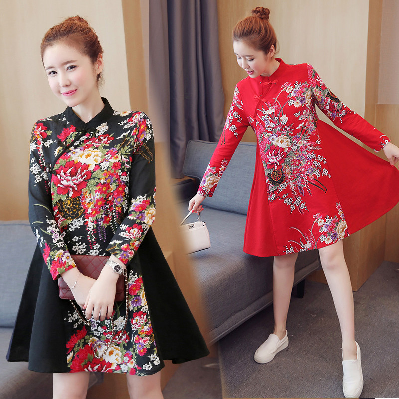 2017 Autumn Cotton Linen Qipao Dress Traditional Chinese Folk Style Improved Plate Buckle Printing A-Line Cheongsams Dresses