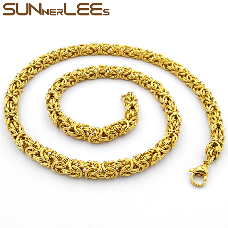 Fashion Jewelry Stainless Steel Necklace 5mm 7mm 9mm Gold Color Byzantine Link Chain For Mens Womens SC11 N