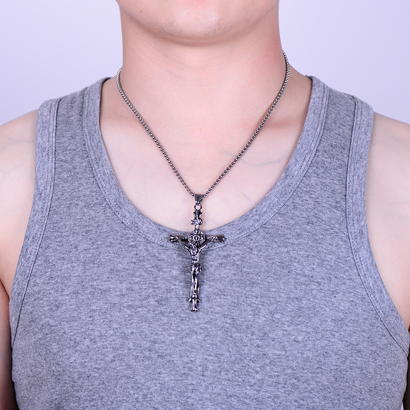 Mens Retro Jesus Cross Pendant Necklace Stainless Steel Gold Plated Fashion Jewelry Gift Non-fading Not Sensitive