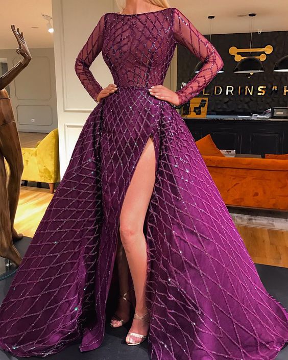 Sexy High Split Evening Dresses Bateau Neck Sheer Robes De Soiree Bling 2018 Prom Dress With Long Sleeves, Purple
Sexy High Split Evening Dresses Bateau Neck Sheer Robes De Soiree Bling 2018 Prom Dress With Long Sleeves, Purple