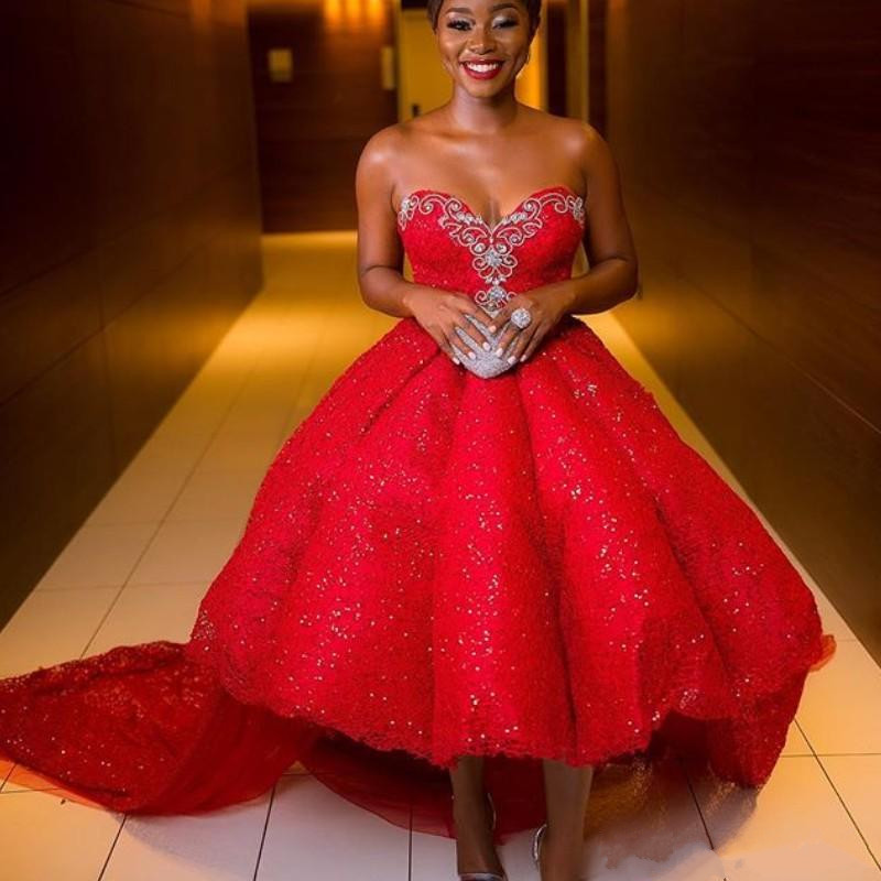 Sweetheart Red High Low Prom Dresses Sparkly Sequins Beaded Evening Dress Glamorous Sexy Lace Party Gowns Pageant Dress