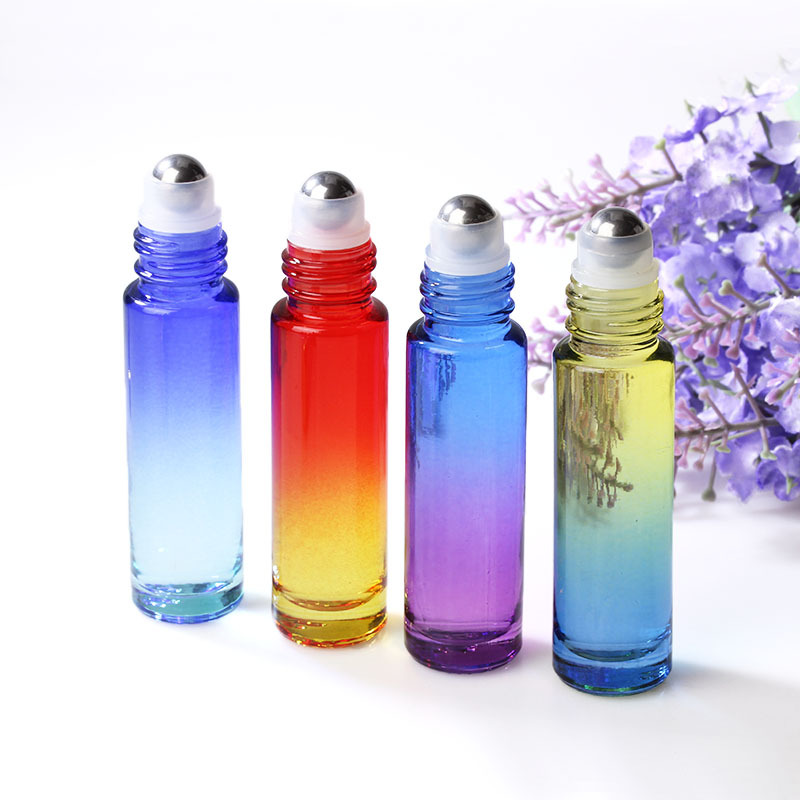 Color gradient 10 ml Glass Essential Oils Roll-on Bottles with Stainless Steel Roller Balls Roll on Bottle 9 Colors 8 caps