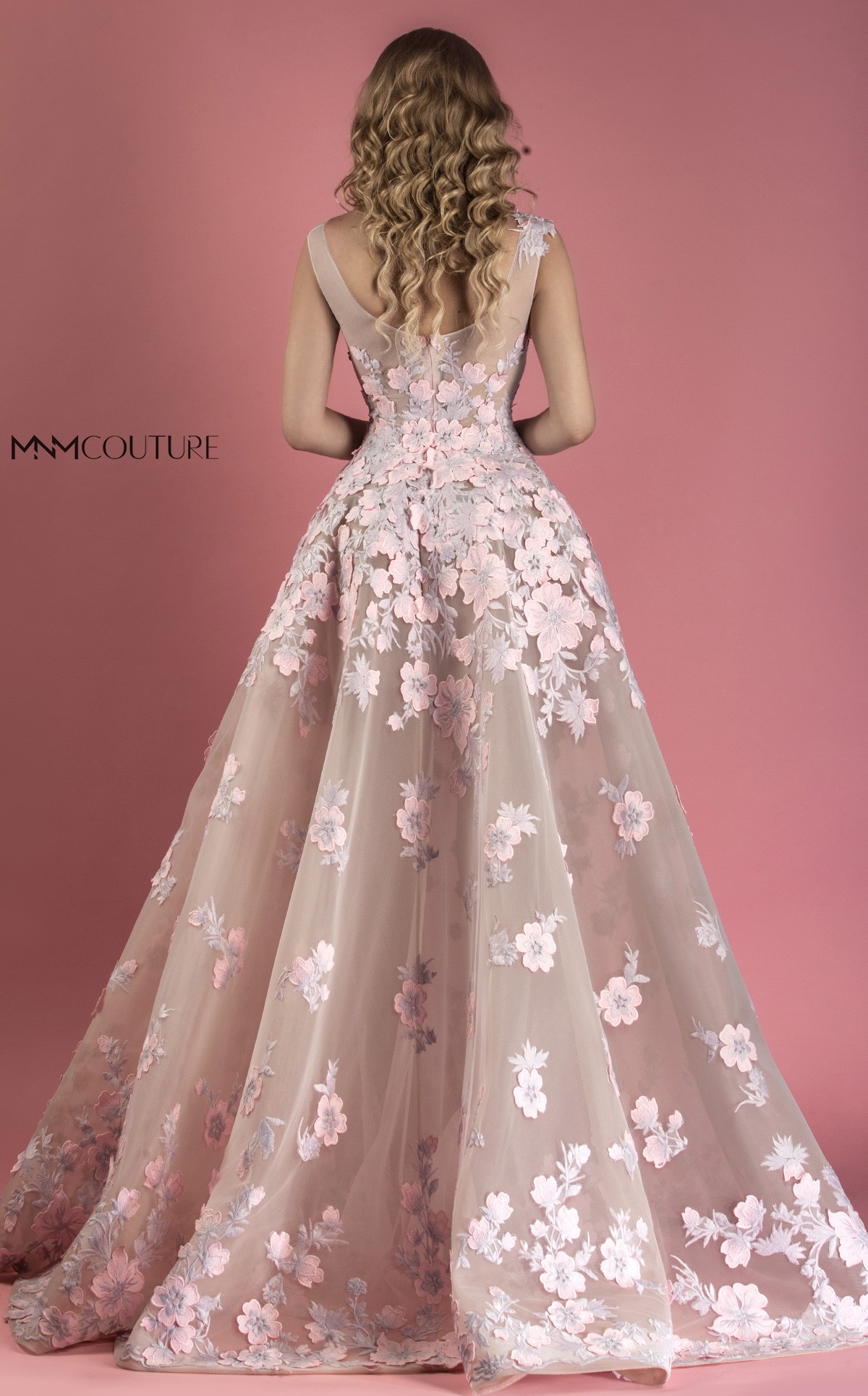 MNM Couture Mermaid Prom Dresses With Detachable Train Lace Applique Jewel Neck Luxury Evening Gowns Sweep Train Pink Formal Dress Party