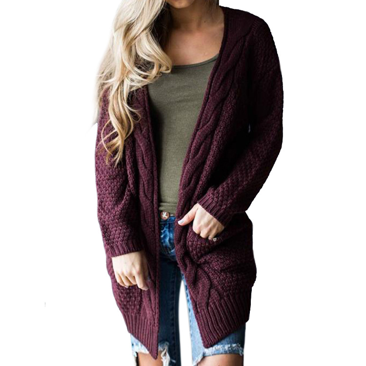 Knits autumn winter European style long solid color pocket sweater twist sweater khaki pink black gray support mixed batch