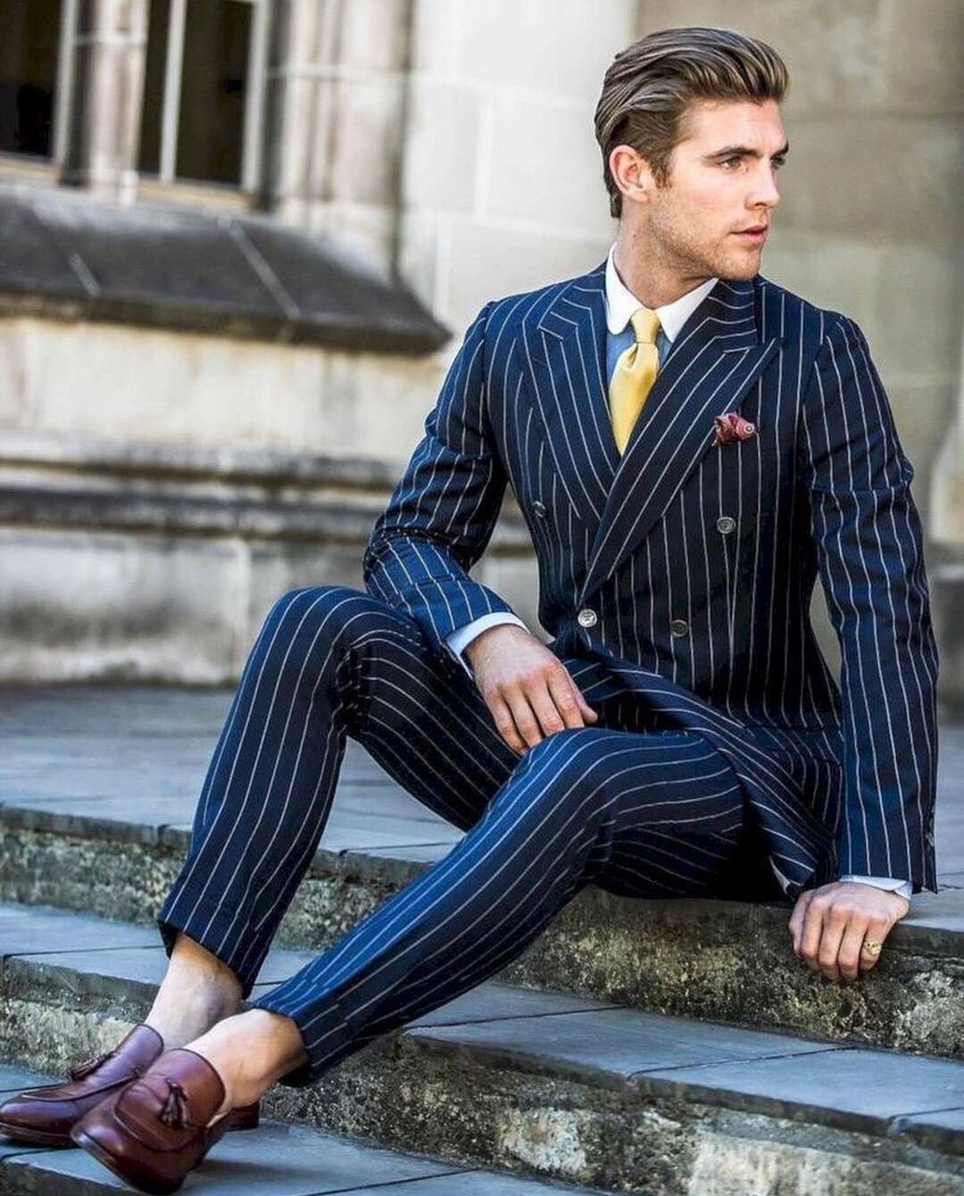 High Quality Pinstripe Mens Suits Slim Fit Bridegroom Formal Wear Best-men Groom Tuxedos Suits Business Men Wear (Jacket+Pants)
