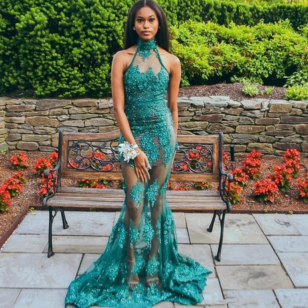 Hunter See Through Prom Dresses High Neck Lace Appliques Mermaid Evening Gowns South African Sweep Train Cocktail Party Dress Custom Made