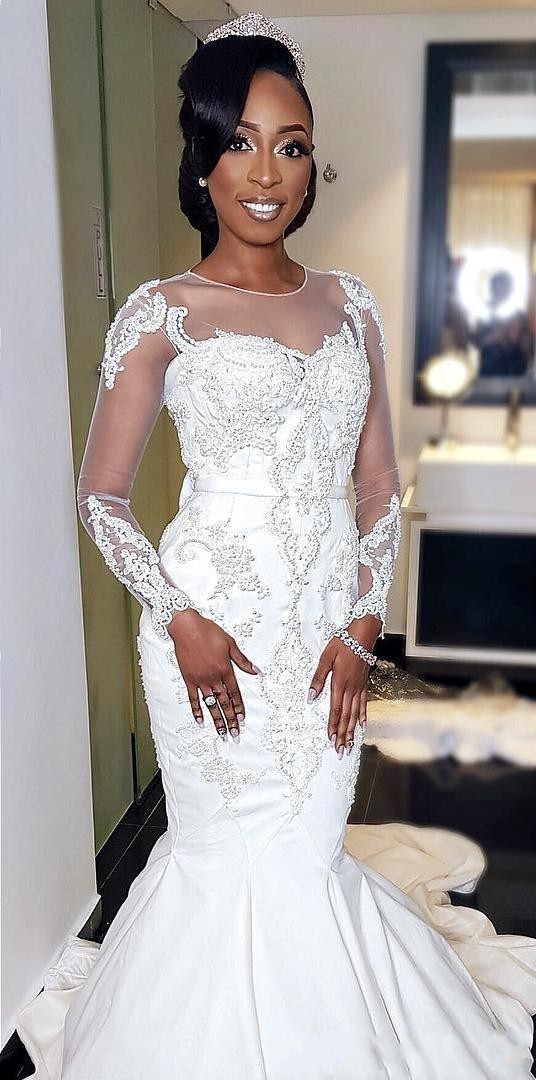 African Long Sleeves Mermaid Wedding Dresses Jewel Neck Illusion Lace Appliques Crystal Beads Court Train Plus Size Formal Bridal Gowns