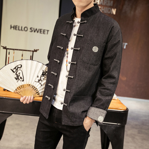 Chinese Style Jackets Men Jeans Blue Open Stitch Retro Jacket Autumn Buttons Man Clothing Embroidery Mens Jackets Size M-5XL