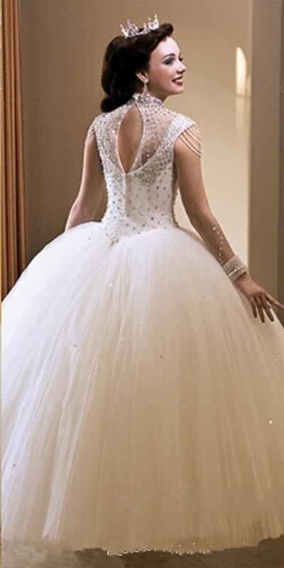 Shining Crystal Beaded Ball Gown Wedding Dresses Sheer Neckline Capped Sleeve Keyhole Back Bridal Dress Illusion Long Sleeves Wedding Gowns