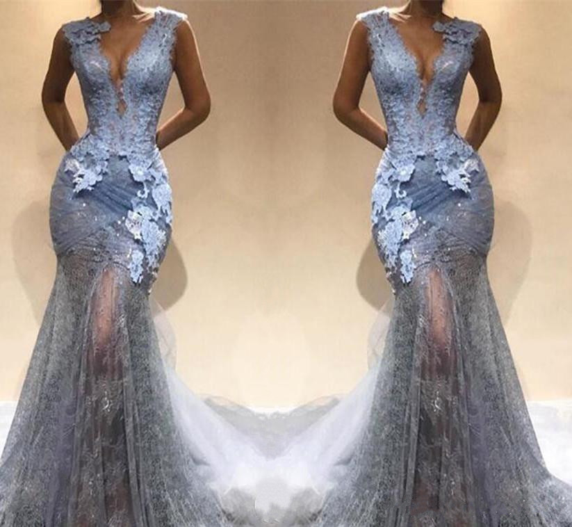 sier grey mermaid prom dresses sexy deep v neck lace appliqued evening dress illusion party gowns