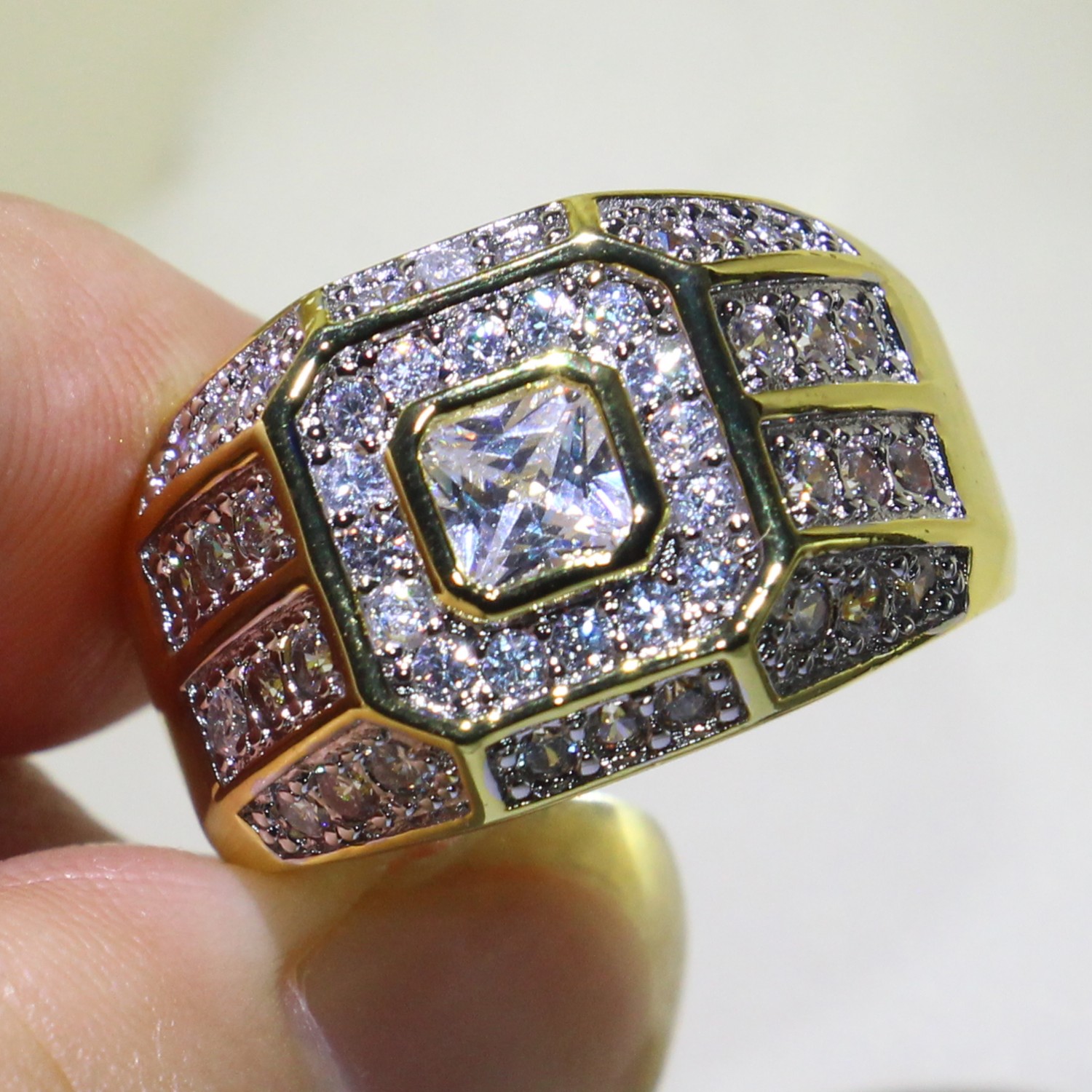 Sier & Gold Fill Princess Pave Finger Ring with White Topaz CZ Dia Band for Men