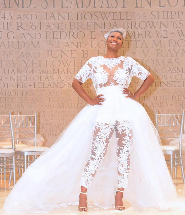 Wedding Jumpsuit Beach Dresses with Detachable Train See Through Lace Bodice Plus Size Nigerian African Bridal Gowns