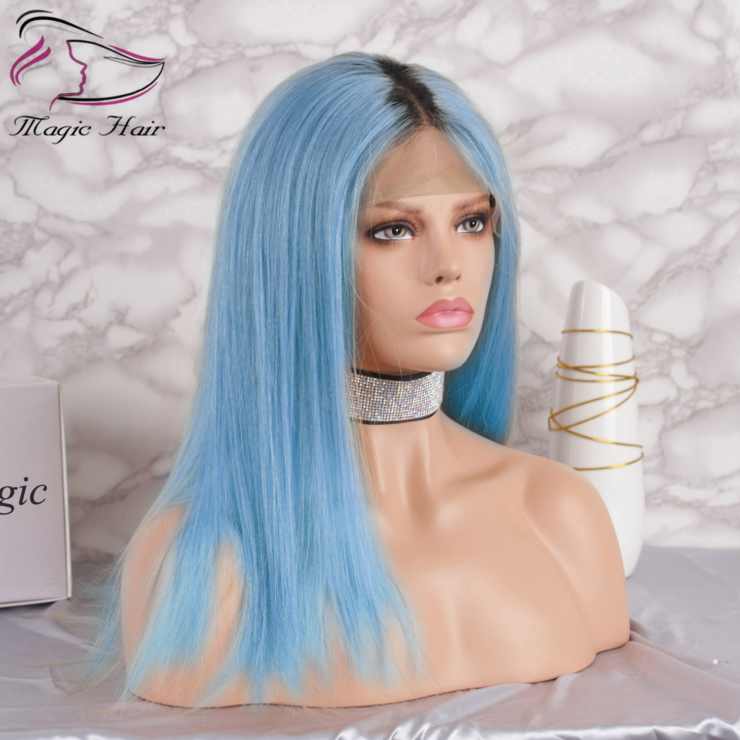 Ombre Light Blue Glueless Full Lace Human Hair Wigs with Baby Hair Pre Plucked 130% Density Brazilian Virgin Hair Lace Front Wigs