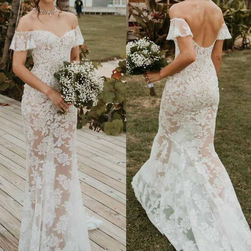 Sexy Illusion Mermaid Wedding Dresses Off Shoulder Backless Beach Boho Bridal Gowns Floor Length Wedding Wear vestido de novia, Pink
Sexy Illusion Mermaid Wedding Dresses Off Shoulder Backless Beach Boho Bridal Gowns Floor Length Wedding Wear vestido de novia, Pink