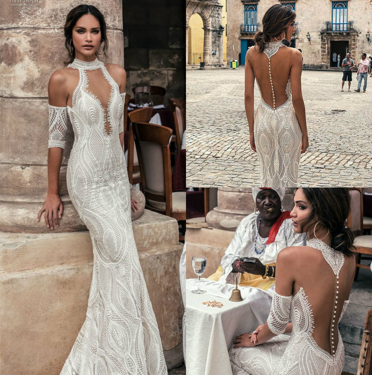 Julie Vino Mermaid Dresses High Neck Lace Half Sleeve Bridal Gowns Sweep Train Appliques Beach Wedding Dress 0227Lz