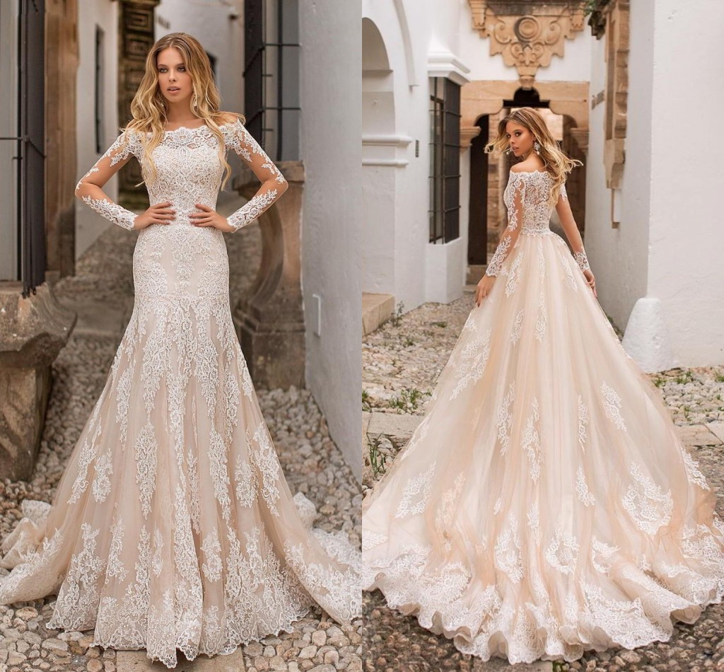 2019 Champagne Mermaid Wedding Dresses Off Shoulder Lace Appliques Sheer Long Sleeves Tulle Long Bridal Gowns, Gold
2019 Champagne Mermaid Wedding Dresses Off Shoulder Lace Appliques Sheer Long Sleeves Tulle Long Bridal Gowns, Gold