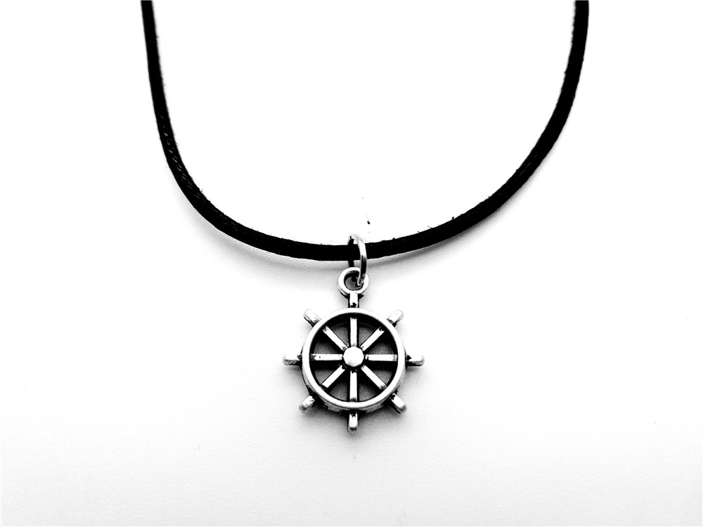 Antique silver Seaman Sailor Boat Anchor Rudder Necklace Vintage Nautical Navy Car Steering Wheel Leather Rope Necklaces jewelry