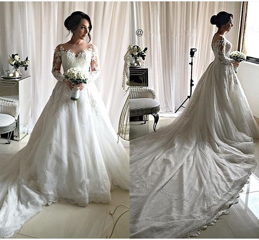 Dubai Arabic New Sheer Neck Long Sleeves Beaded Robe De Mariage Cathedral Train Wedding Dress Bridal Gowns Church 6660306