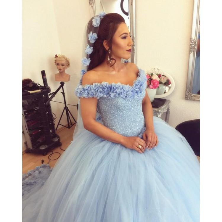 Light Blue Ball Gown Quinceanera Dresses 3D Appliques Off Shoulder Floor Length Bridal Dress Fashion Prom Dress Party Gowns