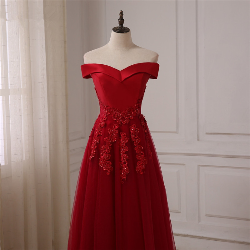 setwell Burgunday Bridesmaid Dresses Beaded Applique Off the Shoulder A-line Satin/ Tulle Bridesmaid Gowns Wedding Party Dress