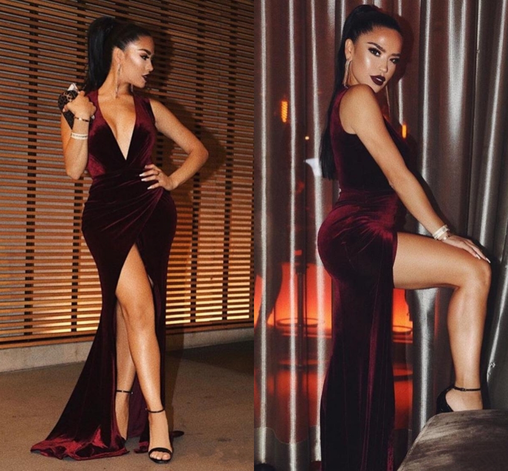 

New Sexy Burgundy Michael Costello Prom Dresses 2018 Plunging V Neck Mermaid High Side Split Custom Made Evening Gowns Velvet Party Dresses, Same as picture