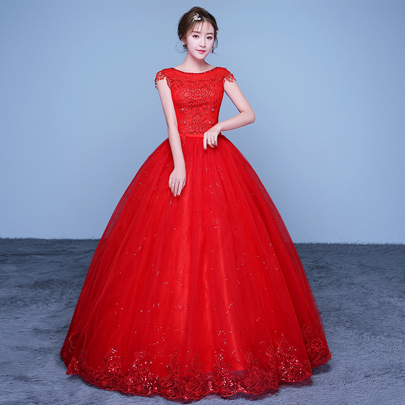 Summer Lace Sequined Red Romantic Wedding Dresses 2018 New Korean Style Simple Pricess Grown Vestidos De Novia Free shipping