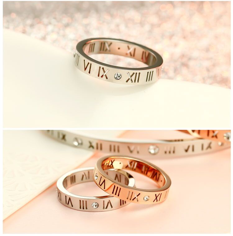 Roman letter cutout Women's Diamond Ring, ladies fashion rose gold ring, Roman numeral silver rings Women's Band Rings