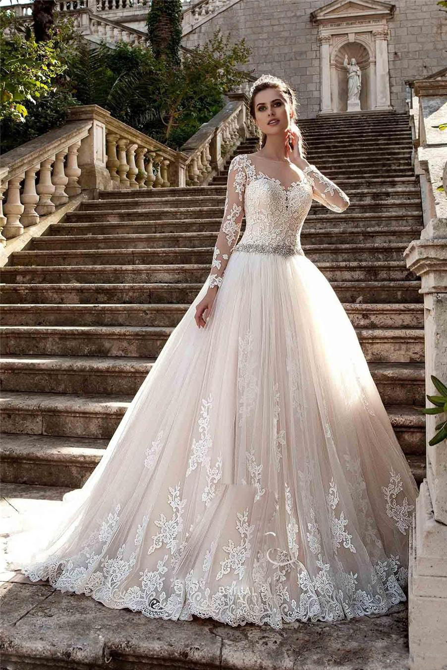 Sheer Crew Neck Illusion Cover Back Long Sleeves Appliques Lace Wedding Dresses Vestios De Novia Bead Sash Plus Size Bridal Gowns